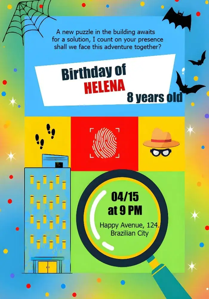 Invitation Colorful Blue Building Detectives – Kids' Birthday Party theme colorful, fun, childish, playful, adventurous