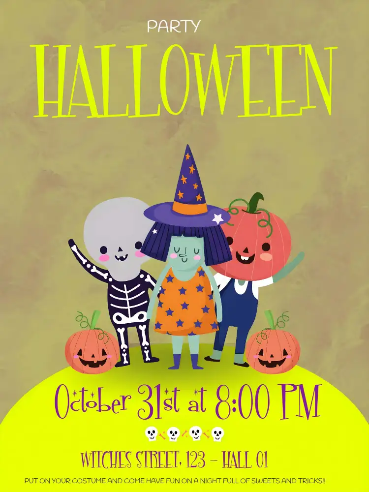 Invitation Witch Halloween Party – Commemorative Dates theme dark colors, gothic style, elements of horror, fun illustrations, orange and black tones, modern design