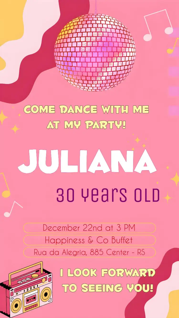 Invitation Pink Female Disco – Birthday theme pink, retro, dance-themed, vintage, colorful