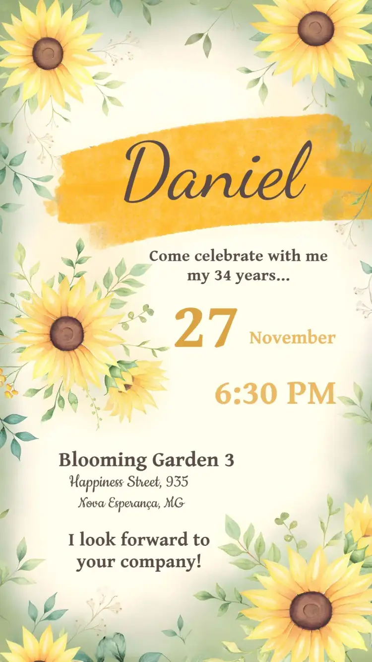 Invitation Adult Sunflower – Birthday theme floral, modern, colorful, elegant, natural, vibrant