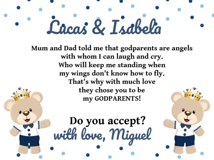 Invitation Godparents Of White Prince Teddy Bear Baptism – Baptism theme blue and white, teddy bear, prince, children's, religious