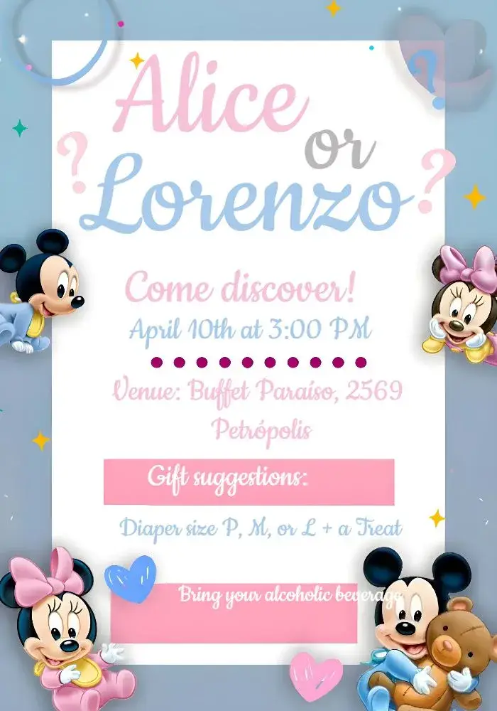 Minnie And Mickey Baby Gender Reveal Party invitation