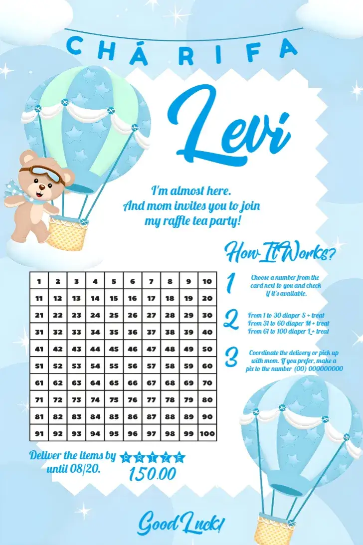 Invitation Tea Raffle Balloon Bear – Most searched for theme blue and white, children's, balloons, teddy bear, clouds, celebration