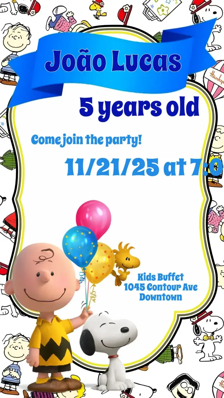 Invitation Snoopy – Kids' Birthday Party theme colorful, fun, childish, Snoopy illustrations, cartoon theme, cheerful