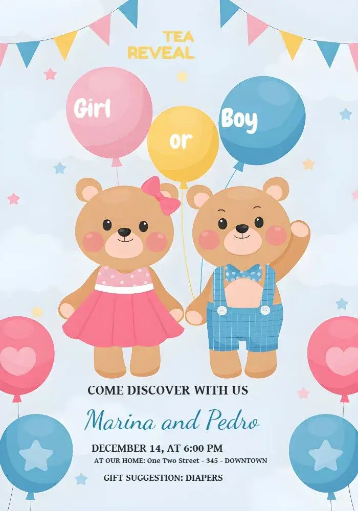 Invitation Pink Teddy Bears Gender Reveal – Gender Reveal theme delicate, playful, colorful, childlike, charming, modern
