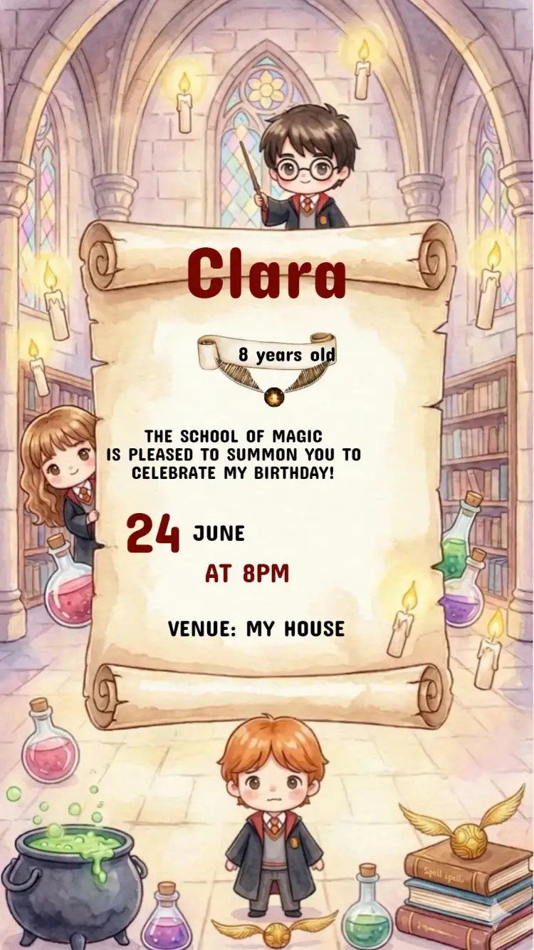Invitation Harry Potter Kids Birthday Invitation – Kids' Birthday Party theme magical, fantasy-themed, vibrant, colorful, wizard illustrations, Hogwarts elements