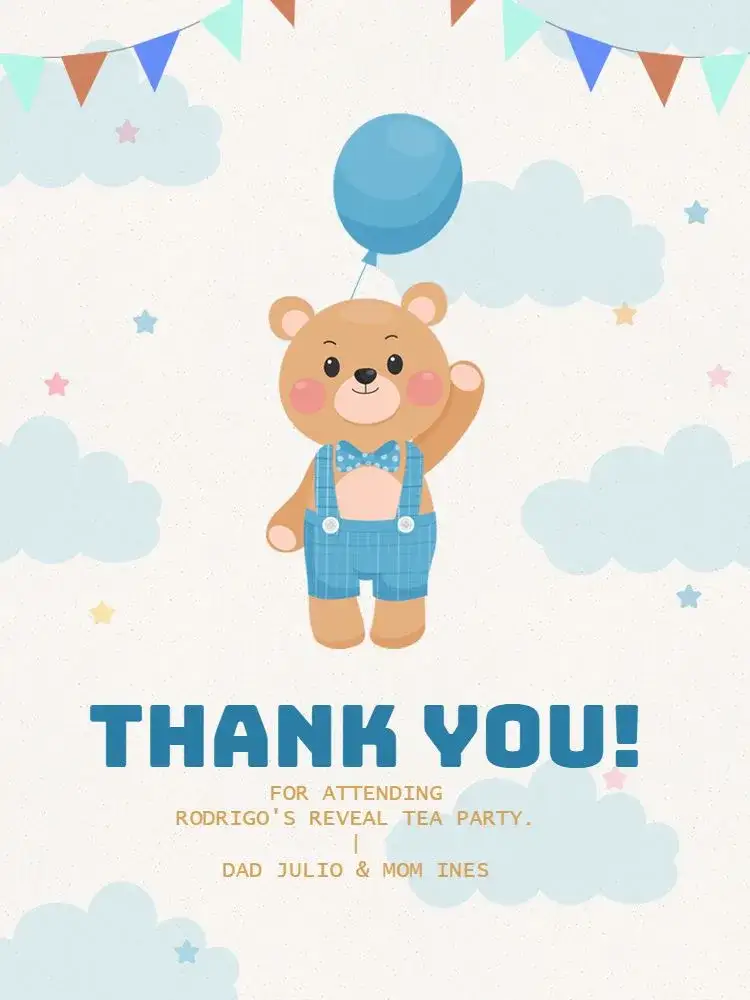 Invitation Thank You Card Baby Blue Gender Reveal Party Attendance – Card theme light blue, children's, playful, teddy bear, festive
