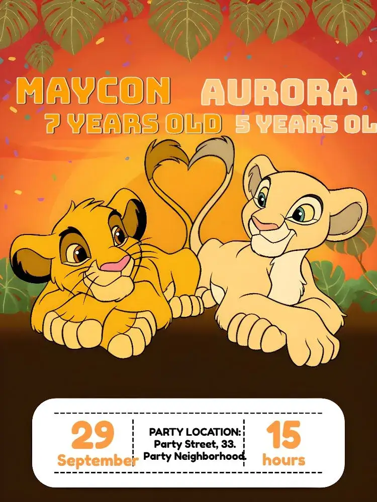 Invitation Double Simba And Nala Lion – Most searched for theme colorful, savanna animals, Disney, vibrant, fun, themed