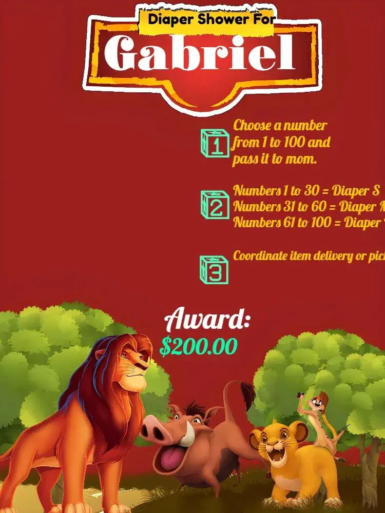 Invitation Lion King Diaper Raffle Tea – Kids' Birthday Party theme colorful, themed, fun, childish, wild, natural