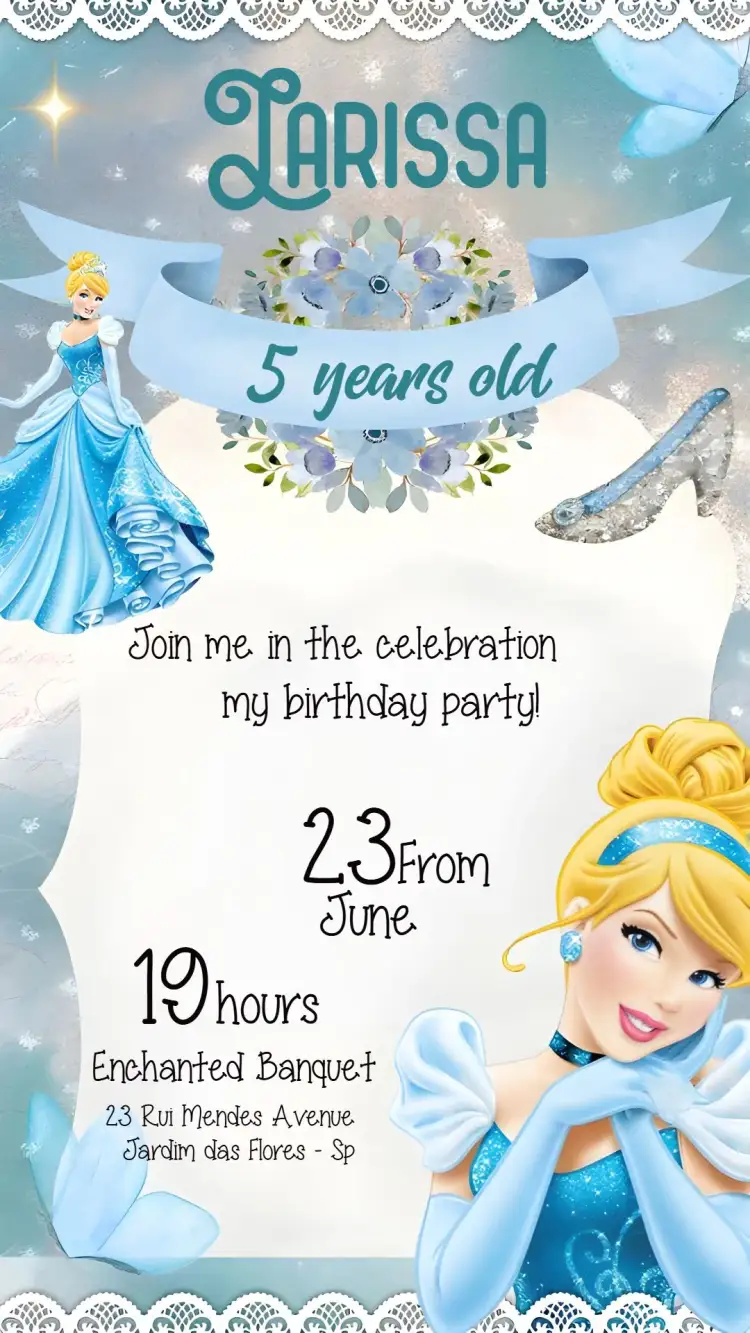 Invitation Disney Cinderella – Most searched for theme blue, glitter, princess, Disney, magical, children's
