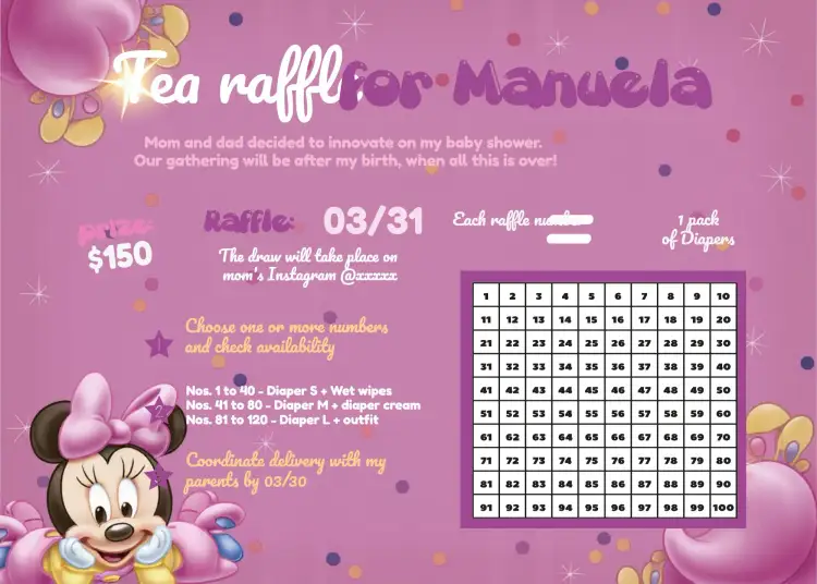 Invitation Minnie Mouse Raffle Tea Party – Raffle Tea theme children's, colorful, playful, Disney-themed, pink and blue, fun