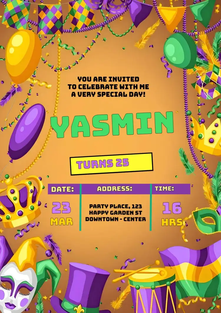 Invitation Carnival Party – Commemorative Dates theme vibrant colors, cheerful style, carnival graphic elements, fun design, colorful masks, confetti and streamers