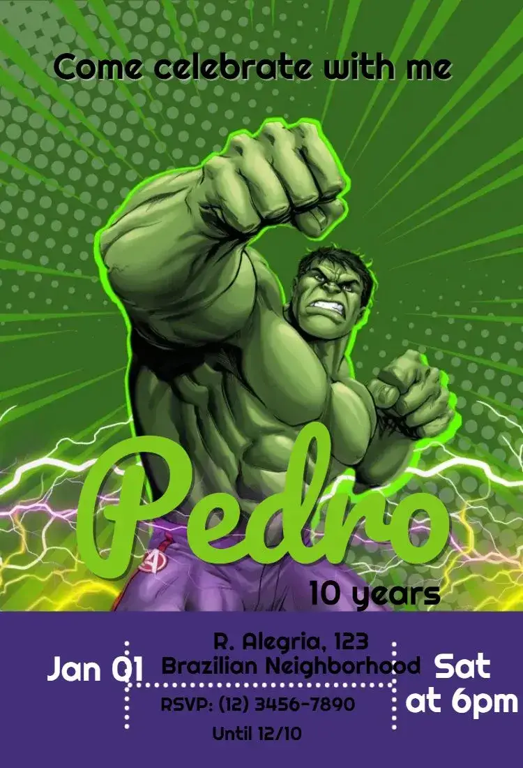 Invitation Incredible Hulk – Kids' Birthday Party theme vibrant green, superhero-themed, cartoon, fun-filled, themed party, dynamic