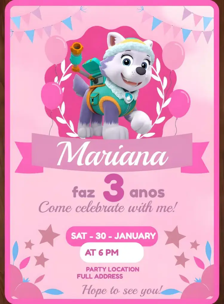 Invitation Everest Paw Patrol – Kids' Birthday Party theme pink, fun, themed, colorful, childlike, animals