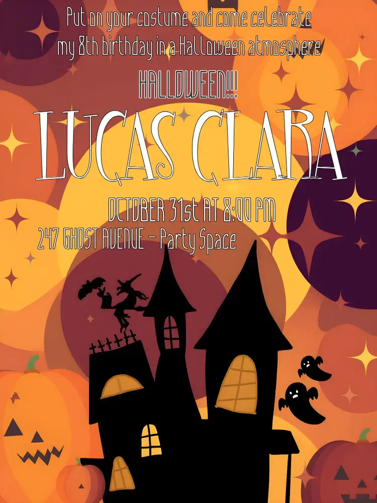 Invitation Halloween Party Of – Commemorative Dates theme dark, ghostly, witches, gothic elements, vibrant colors, fun illustrations