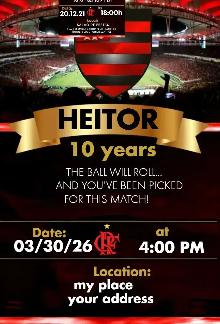 Invitation Flamengo 6 – Birthday theme red and black, football, modern, youthful, lively