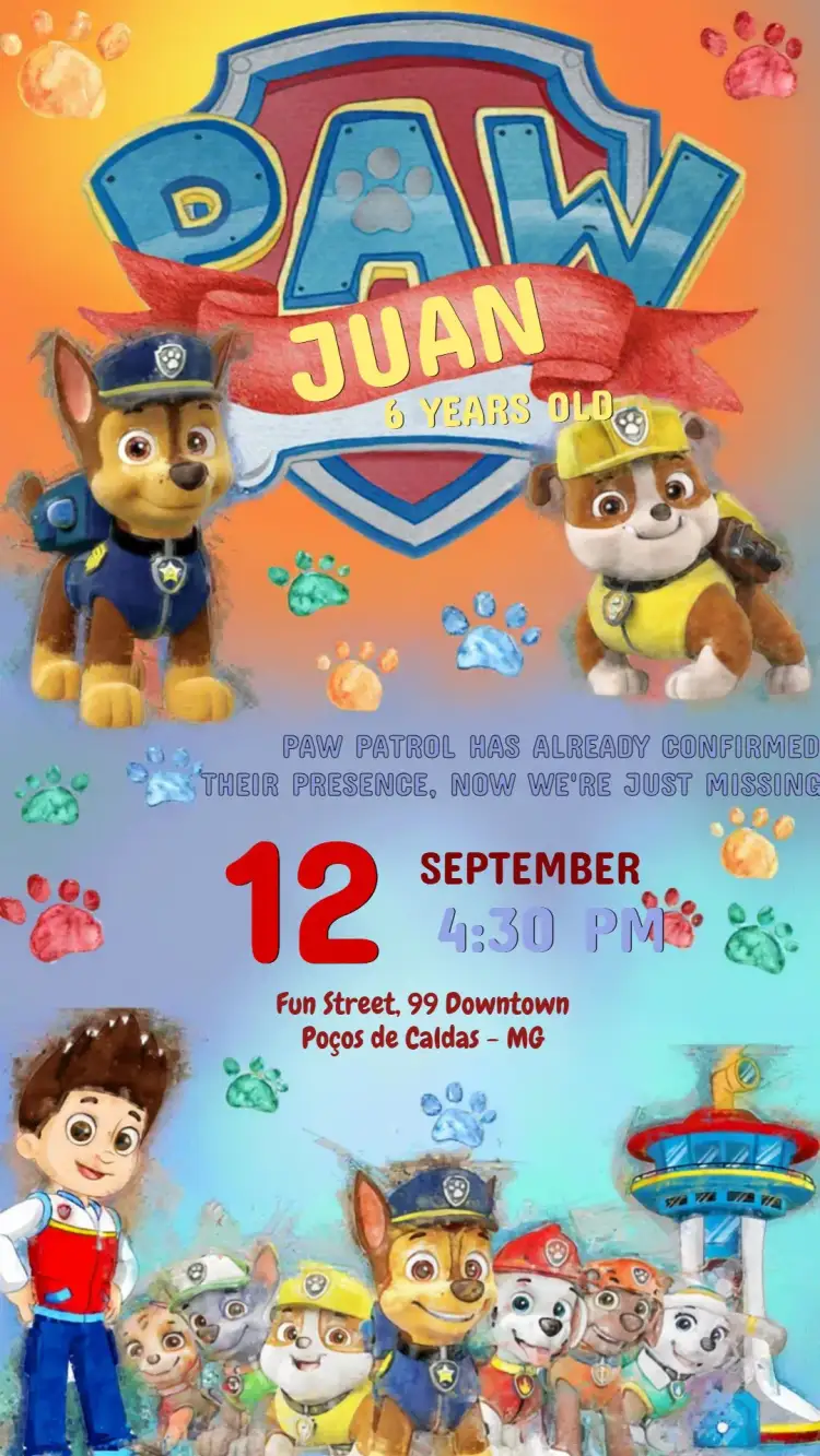 Invitation Paw Patrol Kids – Kids' Birthday Party theme colorful, watercolor, fun, animals, children's theme