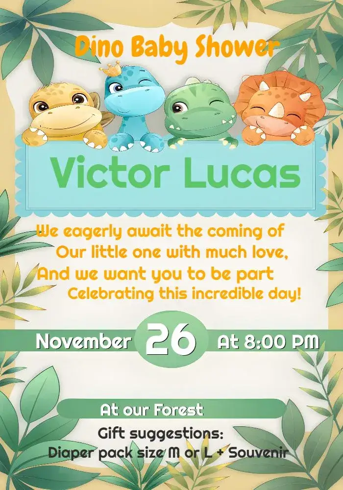 Invitation For Dino Baby Boy Diaper Shower – Diaper Shower theme colorful, playful, modern, fun, dinosaurs, childlike