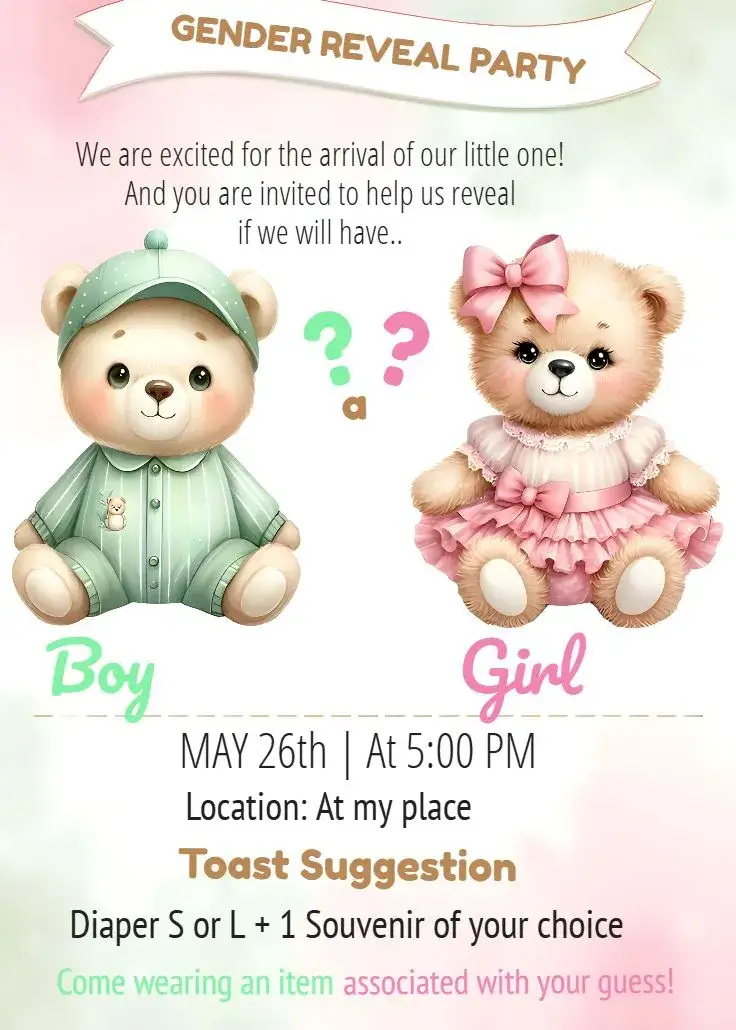 Invitation Pink Teddy Bears Gender Reveal – Kids' Birthday Party theme teddy bears, pink and green, cute, childish, fun, cozy