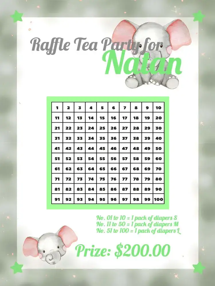 Invitation Elephant Diaper Raffle Tea Party – Raffle Tea theme green and white, cute, playful, childlike, modern, fun