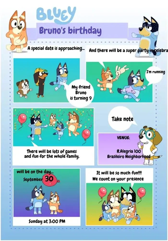 Invitation Bluey Blue Comics – Most searched for theme blue, comics-themed, fun-filled, child-friendly, modern, colorful