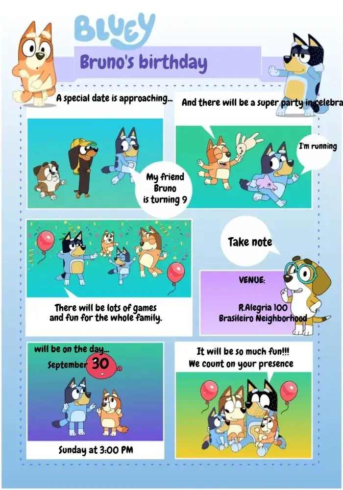 Bluey Blue Comics invitation