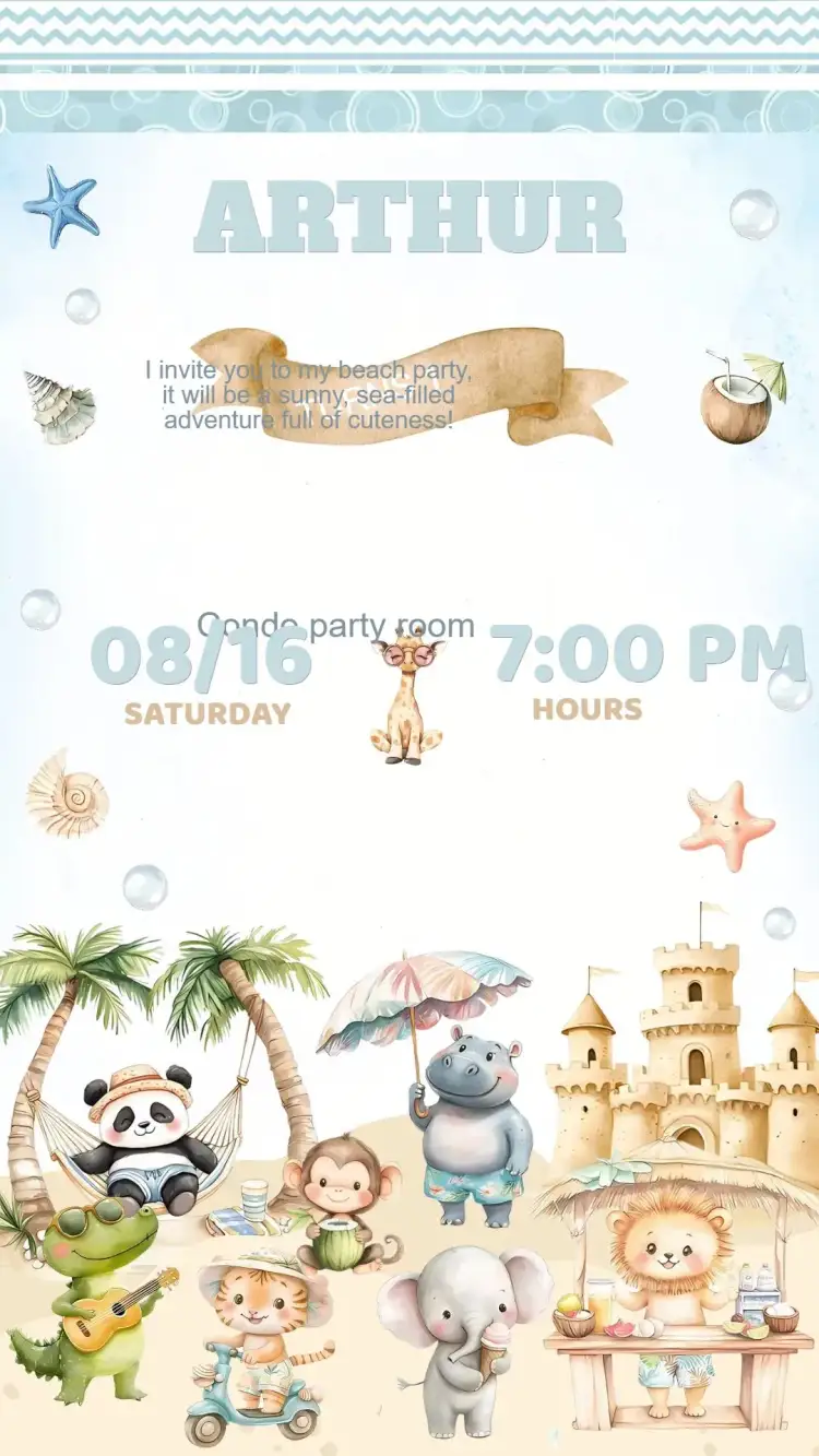 Invitation Birthday Invitation Pool Party Safari – Kids' Birthday Party theme jungle, animals, vibrant colors, fun, nature, adventure