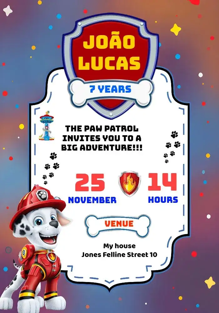 Invitation PAW Patrol Dog – Kids' Birthday Party theme colorful, fun-filled, themed, child-friendly, vibrant
