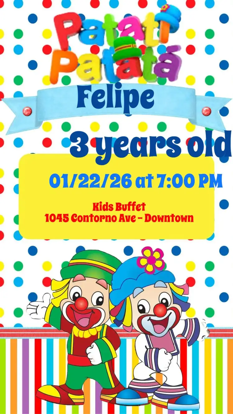 Invitation Patati Patatá – Kids' Birthday Party theme colorful, fun, themed, cheerful, childlike