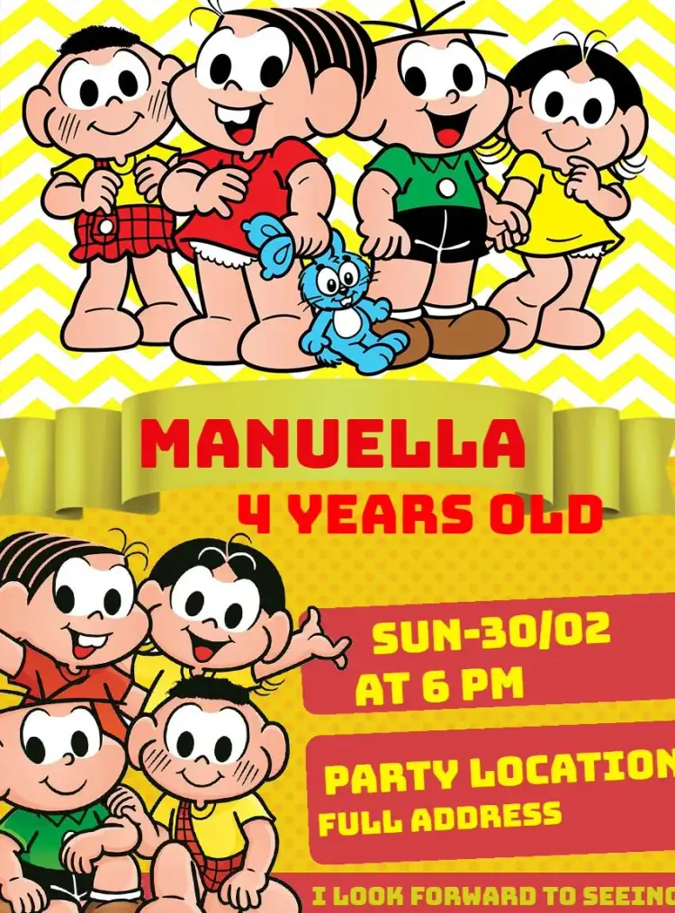Invitation Monica's Gang Cebolinha – Kids' Birthday Party theme colorful, fun, childlike illustrations, classic characters, cartoon style