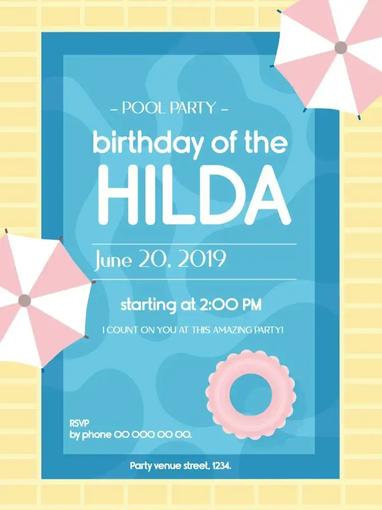 Invitation Piscina Digital – Birthday theme pink, white, modern, casual, tropical