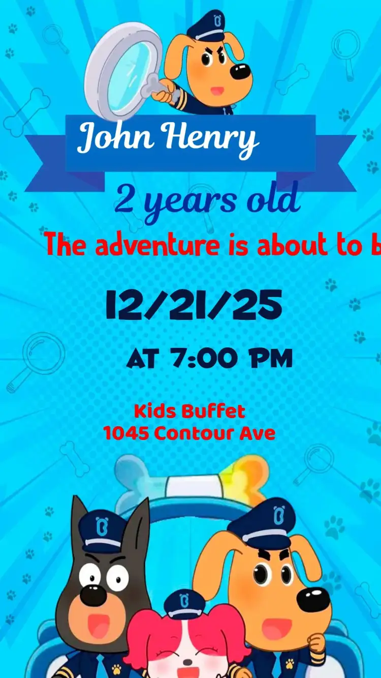 Invitation Detective Labrador – Kids' Birthday Party theme colorful, fun, childish, cute illustrations, detective theme
