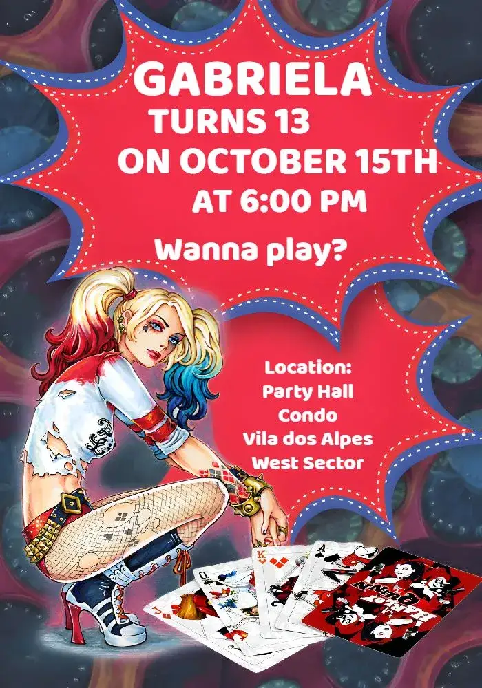 Invitation Black Harlequin – Kids' Birthday Party theme vibrant colors, fun style, iconic character, modern design, deck-inspired graphic elements