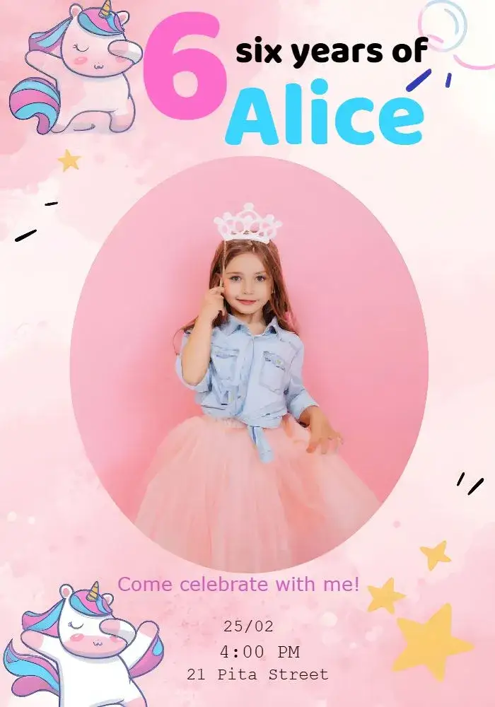 Invitation Unicorn Photo Family Invitation – Commemorative Dates theme unicorn, pastel colors, playful style, fun graphic elements, magical theme, inspired by fairy tales