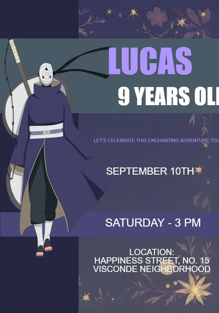 Invitation Obito Uzumaki – Kids' Birthday Party theme anime, modern, purple, dark gray, themed, fun