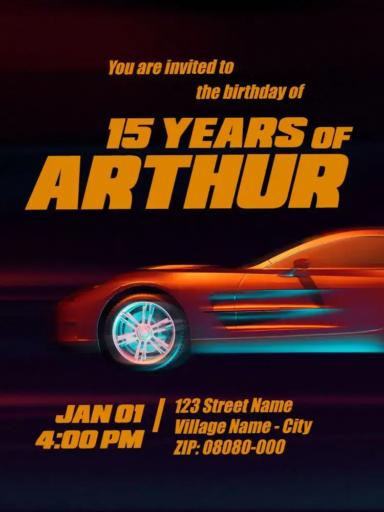 Invitation Virtual Male - Car Automobile – Kids' Birthday Party theme modern, colorful, dynamic, sporty, childlike