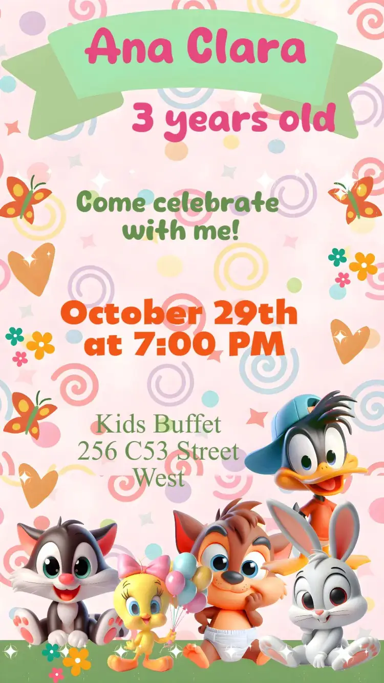 Invitation Looney Tunes – Kids' Birthday Party theme colorful, fun, childish, playful, themed