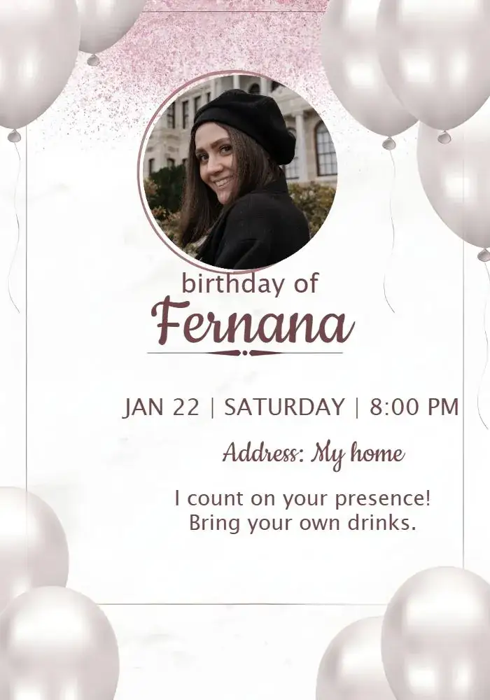 Invitation Adult Rosé Balloon Photo – Birthday theme pink, silver, glitter, balloons, modern