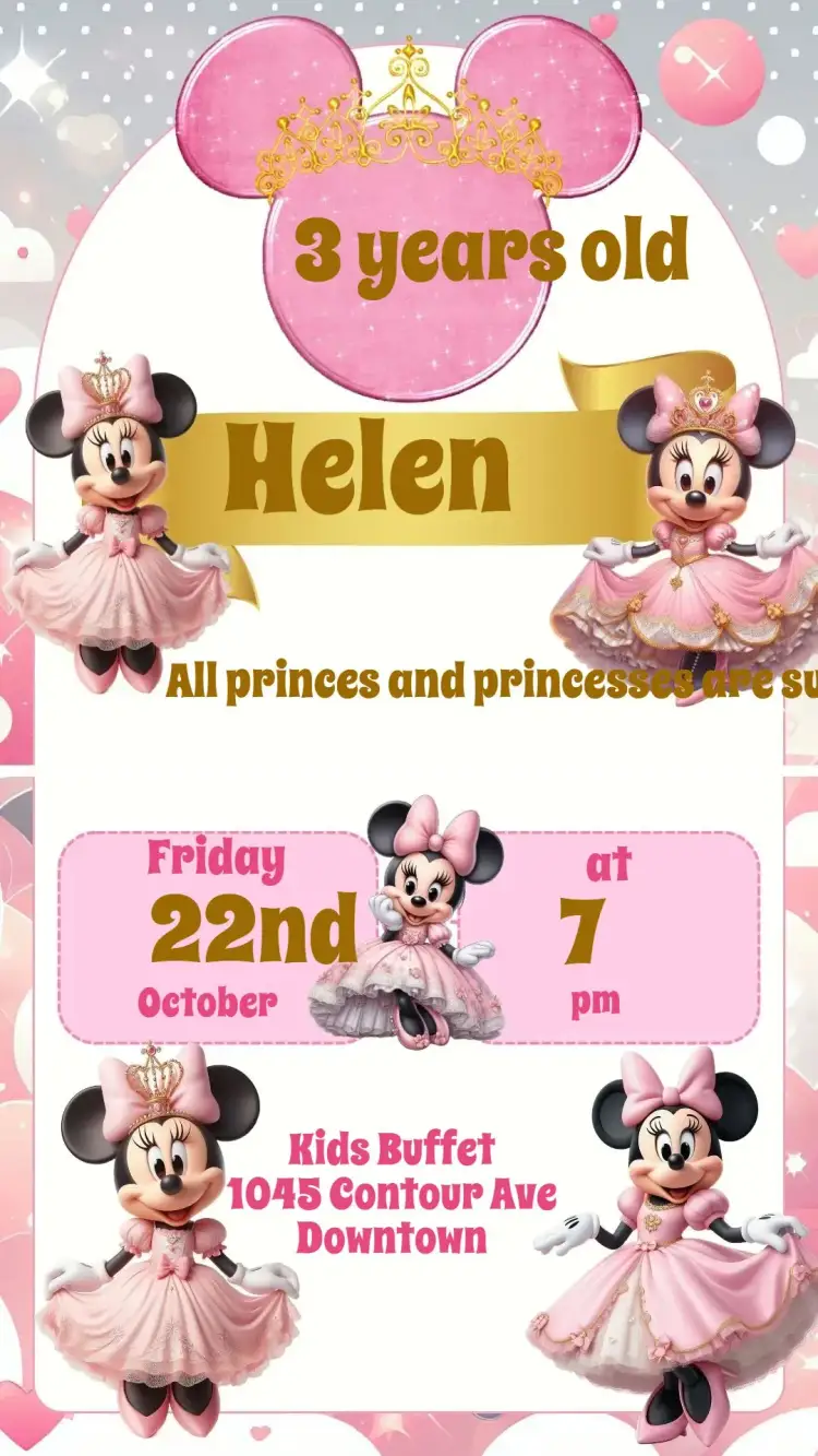 Invitation Minnie Royalty – Kids' Birthday Party theme pastel colors, cartoon style, royalty elements, fun design, Disney-inspired, magical touch