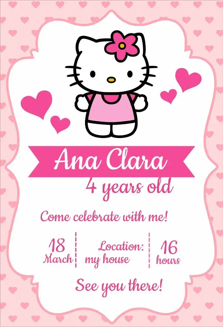 Invitation Hello Kitty Pink – Kids' Birthday Party theme pink, childish, cute, colorful, fun, themed