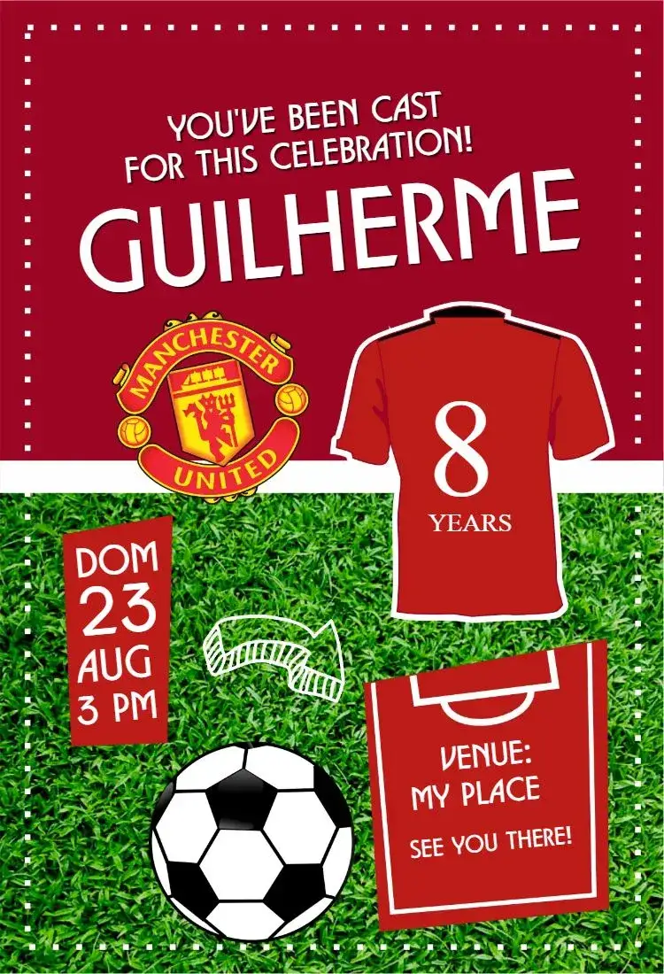 Invitation Manchester United shirt – Birthday theme soccer, contemporary, lively, sporty, dynamic