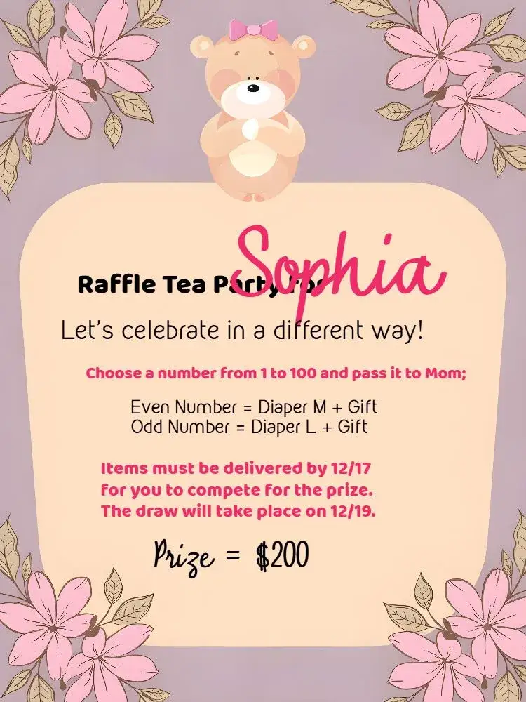 Invitation Reminder Of Princess Teddy Bear Raffle Tea Idea – Raffle Tea theme floral, pink, lilac, princess, childish, delicate