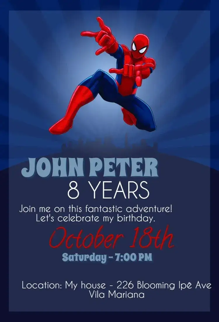 Invitation Spider-Man – Kids' Birthday Party theme superhero theme, vibrant colors, dynamic illustrations, modern style, Spider-Verse elements, fun design