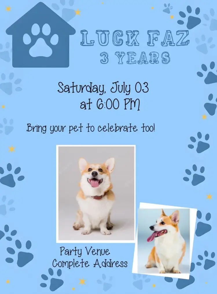 Invitation Pet With Dog Picture – Most searched for theme blue, modern, fun, animals, colorful, photographic