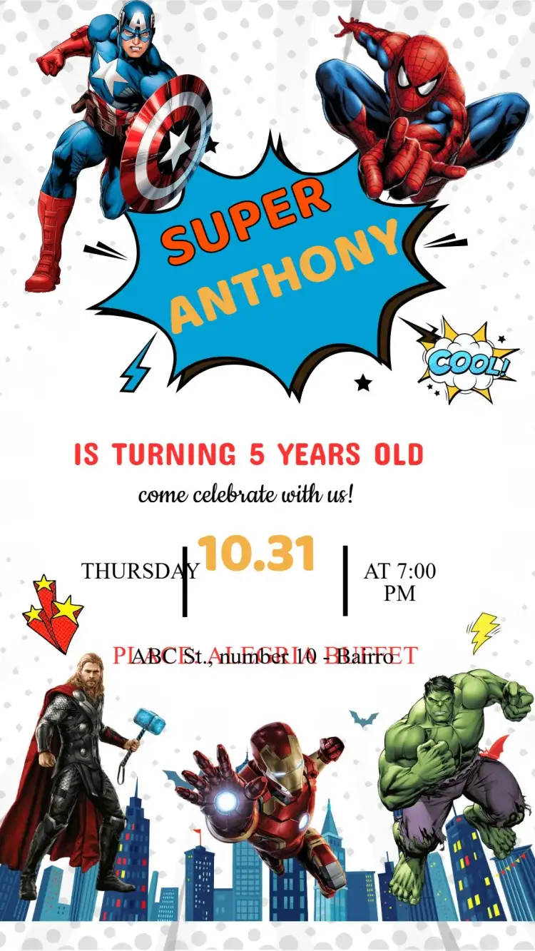 Invitation Avengers Birthday Invitation – Kids' Birthday Party theme colorful, superheroes, modern, lively, dynamic, funny