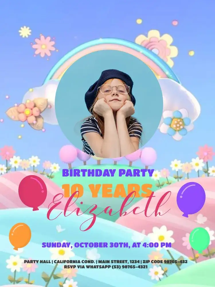 Invitation 10 Years With Photo To Edit Girl – Sweet 15 theme colorful, playful, childlike, modern, pink, rainbow