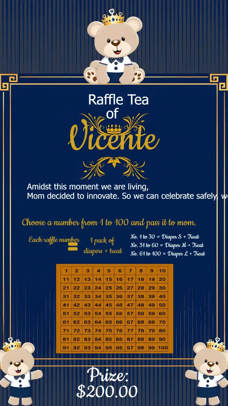 Invitation Blue Prince Teddy Bear Raffle Tea – Raffle Tea theme blue, golden, white, teddy bear, childlike, delicate
