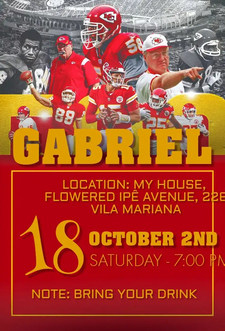 Invitation Kansas City Chiefs NFL – Birthday theme sporty, vibrant, modern, colorful, dynamic