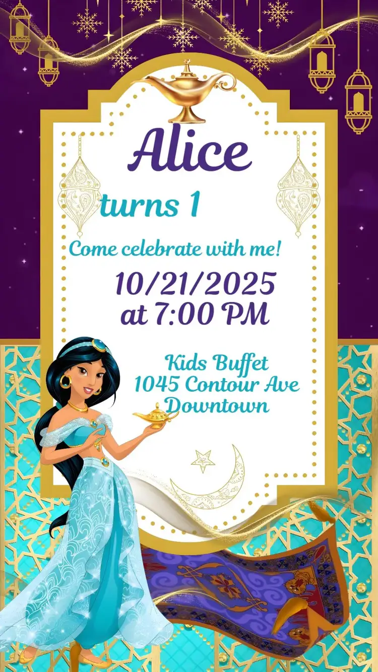 Invitation Jasmine – Kids' Birthday Party theme soft colors, playful style, princess elements, enchanted details, vibrant design, pastel tones