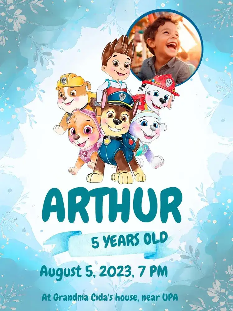Invitation Paw Patrol Boy With Child Photo Invitation – Kids' Birthday Party theme blue, children's theme, fun, colorful, modern